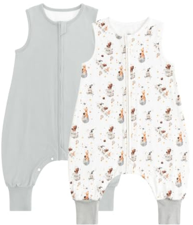 WYTbaby sovsäck med fötter 1,0 tog 2-pack baby sovsäck 100 % bomull ärmlös året runt sovsäck med ben för pojkar och flickor, fantasy björn + grå 80 cm (2-pack)