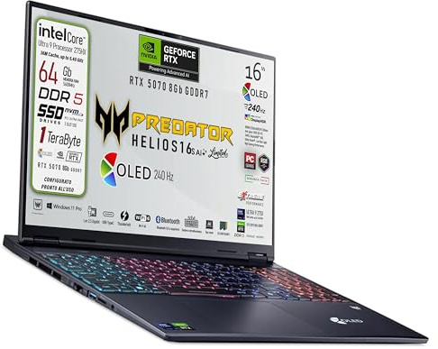 Acer Predator Helios Neo 16s Ai, Notebook Gaming, Intel Ultra 9-275X, 24core, RAM DDR5 64Gb, SSD 1Tb, Display 16 Oled 240Hz, DCI-P3 100%, Geforce RTX 5070 8Gb, Win 11, Preconfigurato