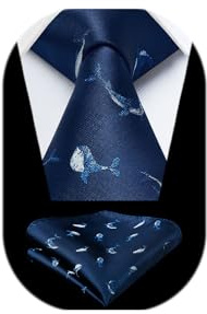 HISDERN Cravate Homme Bleu Marine Mariage Cravates et Pochette à Motif Baleines Originale Set Mouchoir Élégant pour Fête d'affaires
