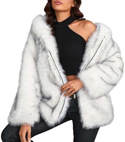 Ansenesna Felljacke Damen Winter Mit Kapuze Winterjacke mit Fell Damen Warm Flauschig Wintermantel Elegant Kunstfell Pelzmantel Frauen Plüsch Kunstpelz Mantel mit Reissverschluss Damen-Jacken