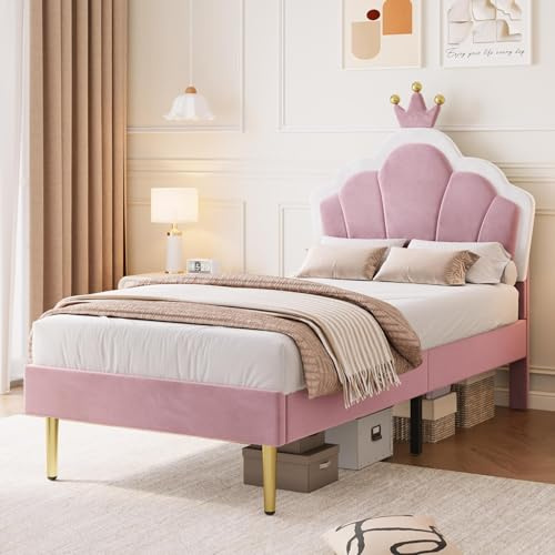 Aptliton Single Bed Frame, Soft Velvet Upholstered Bed, 3ft Shell Shape Bed with Removable Crown, Adjustable Headboard, Golden Iron Legs, Wooden Slatted Frame, 90 * 190cm, Pink