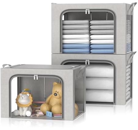 FUSACONY Clothes Storage Bag, 3 Pcs Large Storage Boxes with Lids Foldable Wardrobe Storage Organiser with Steel Frame & Three Clear Windows for Blankets,Bedding,Comforters, Grey (66L)