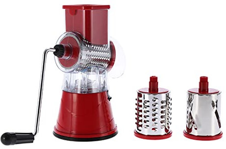Manuale Ruota a Tamburo Clatto in Acciaio Inossidabile Grattugia con 3 Tamburi Intercambiabili per Verdure di Formaggio Patate Dadi (rosso)