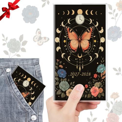 ReliThick Calendrier de poche pour sac à main, 2027-2028, papillon sorcier | Petit planificateur mensuel avec couverture en PVC, calendrier de poche, bloc-notes, cadeau pour amis, femmes, enseignantes