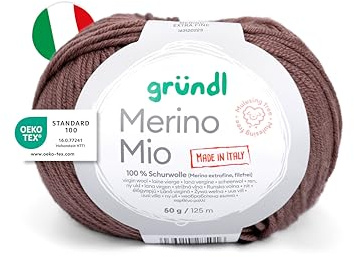 Gründl Lana Merino Mio – Lana merino suave para tejer y ganchillo, suave y agradable al tacto, 100% lana virgen (merino extrafina), 1 ovillo de 50 g/125 m, grosor de aguja 3-4, marrón piedra