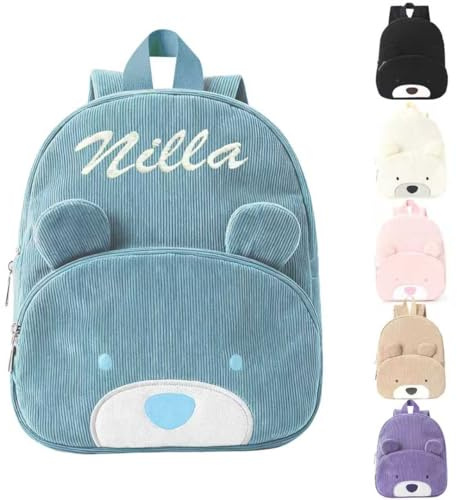 Personalised Mini Toddler Backpack for Girl & Boy, Embroidered Name Children's School Rucksack Corduroy, Cute Bear Kids Small School Bag Bookbag for Travel Kindergarten Elementary Preschool (Blue)
