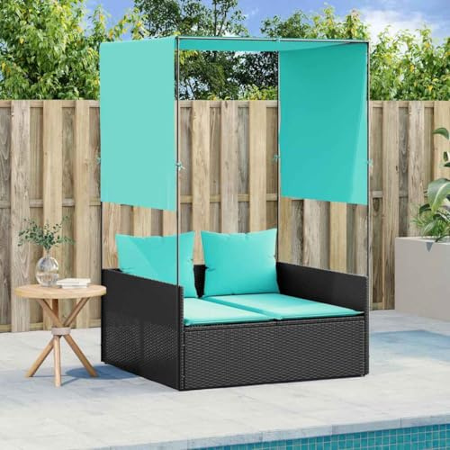 mtlskopl Double Sun Lounger 29x18x17 Black PE Rattan Adjustable Canopy Privacy Curtains Blue Cushions Patio Pool Beach