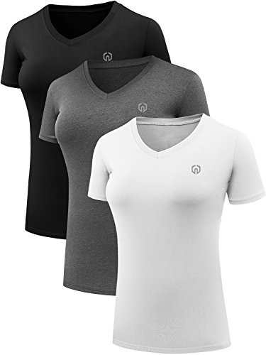 NELEUS Women's 3 Pack V Neck Compression Running Shirt,8016,Black,Grey,White,US L,EU XL