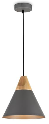Moderna Lampada pendente a sospensione da Soffitto, per interni, Design nordic, in metallo nero chiaro e legno, paralume cono, filo lungo, altezza regolabile 1 lampadina E27 60W 220-240V non incl