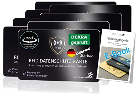 MakakaOnTheRun 8X RFID Blocker Karte (3fach geprüft: DEKRA + EMV + HF-Labor) 360° Schutzkarte für Geldbörse - NFC Blocker Karte - Schutzkarte gegen Datenklau - RFID Blocker Card