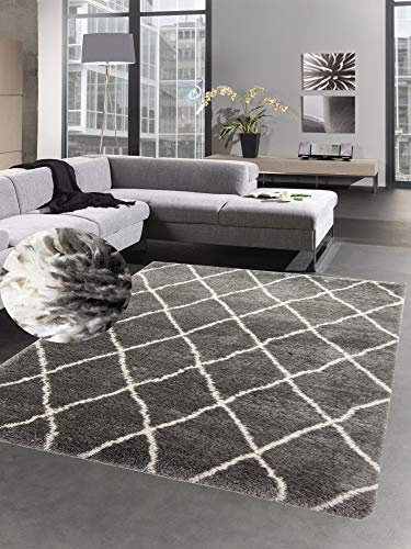 Shaggy alfombra flokati diamante de pelo largo crema gris Größe 120x160 cm