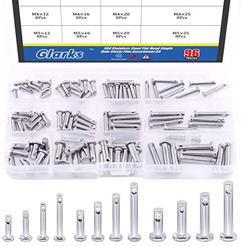 Glarks 96Pcs 12 Sizes 304 Stainless Steel Flat Head Single Hole Clevis Pins Assortment Kit