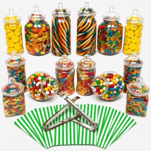 14 Plastic Sweet Jars, 7 Styles, 2 Tongs and 50 Bags. Ideal for Party, Wedding, Sweet Table, Candy Buffet (Green Candy Stripe Bags)