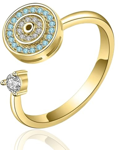 HALUKAKAH Bague Rotative Contre Anxiété Plaqué Or 18K:Bijou Élégant de Soulagement du Stress avec Mauvais Oeil en Diamant et Spinner de Perles,Ajustable en Taille,Cadeau pour Femmes,Filles et Maman