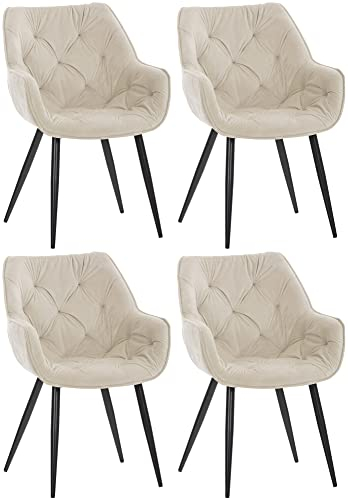 CLP 4er Set Stuhl Tanna Samt I Gesteppter Polsterstuhl I Esszimmerstuhl Mit Bodenschonern, Farbe:Creme