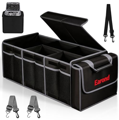 EAROND Collapsible Trunk Organizer with Insulated Leakproof Cooler Bag,Removable Lid,Adjustable Securing Straps,3 Compartments Trunk Organizer for SUV,Truck,Sedan(Grey & Black)
