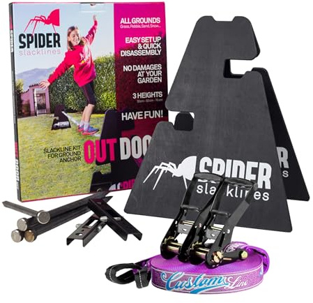 SPIDER SLACKLINE - Outdoor Custom Kit for Beginners - for open environments without trees - Includes: 1 custom line, 2 A-frames, 2 plates, 4 stakes, and a manual - Complete set 30m