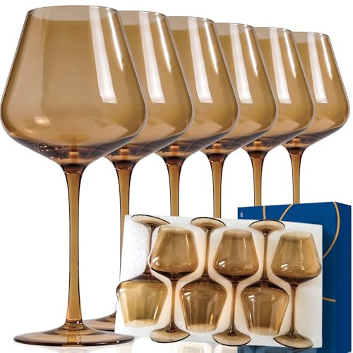 CLUSIVC Amber Wine Glasses Set of 6 - Crystal Hand Blown Burgundy Wine Glasses 18oz Lead-Free, Perfect Gifts for Wine Lover, Bar glasses sets for the home, Wedding, New Year Gifts