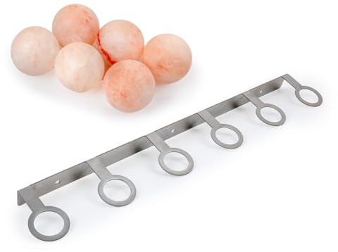 Saunainter Boules de sel de l'Himalayan avec support mural en acier inoxydable - Purificateur d'air naturel pour sauna (6 pièces avec support mural)