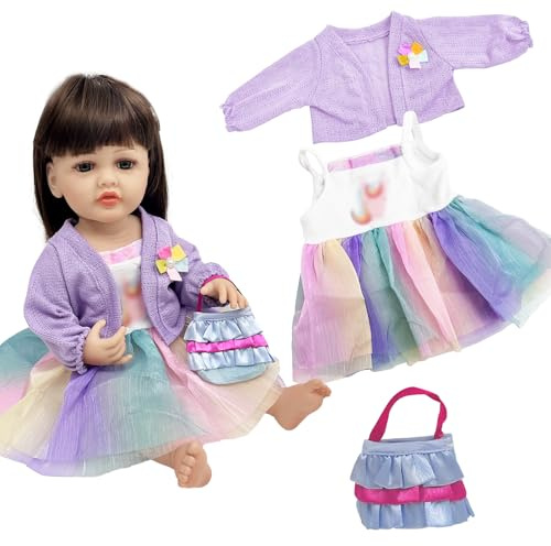 Baby Doll Clothes for 20-22 Inch Reborn Doll, Rainbow Lace Sweet Outfits with Bag New Doll Clothes Outfits, Purple Dresses Outfits for New Baby Dolls Girls Birthday Gift