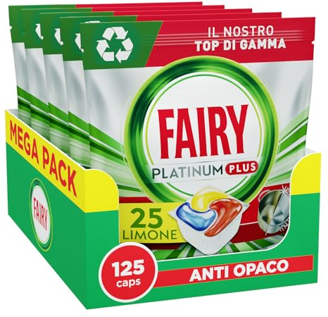 Fairy Platinum Detersivo Pastiglie Lavastoviglie Plus, Brillantante, 125 Capsule Lavastoviglie, Limone, Tecnologia Anti-Opaco, Contro Il Grasso e le Incrostazioni Ostinate Anche Nei Cicli Brevi