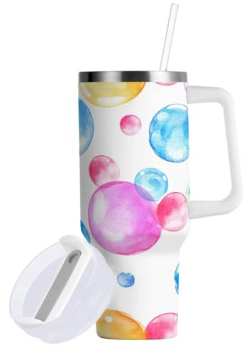 SKYSHU Vaso de burbujas coloridas de 40 onzas con asa, botella de agua deportiva aislada al vacío de acero inoxidable, taza de café de viaje a prueba de fugas con tapa y popote para agua, té helado o