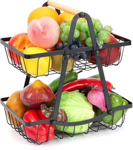 2 Tier Fruit Basket, Detachable Metal Fruit Bowl Holder Vegetable Basket Stand with Wood Handle for Kitchen Counter, Large Capacity Fruit Storage Stand Organizer for Produce Bread Snack, Black
