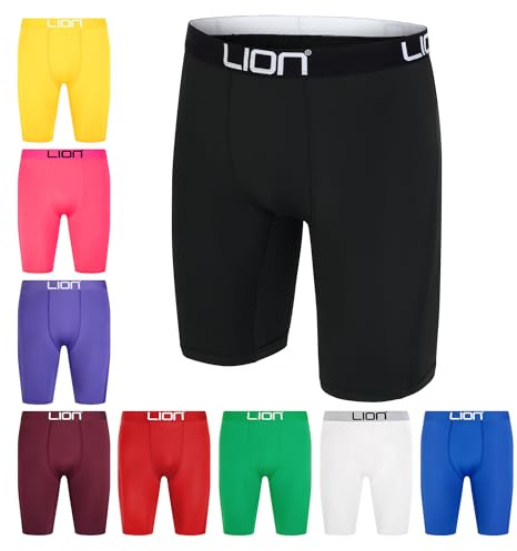 LION SPORTSWEAR Pantalones cortos de compresión para fútbol y deportes, capa base multiusos para hombres y niños, ideal para gimnasio, entrenamiento y correr, Negro, 10-12 Years
