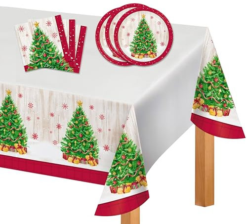 Decoraparty Juego de vajilla de Navidad vintage, adornos de mesa desechables para 8 personas, para fiestas temáticas navideñas, Xmas, desechables, 8 platos, 16 servilletas, 1 mantel (kit de 25 piezas)