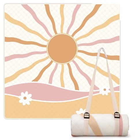 LARUTAN Waterproof Picnic Blanket, 200x200cm Extra-large Outdoor Mat with Shoulder - strap Design for Single - shoulder Hanging, Comes with Handle, Suitable for Camping, Beach and Garden Usem,Sicilia