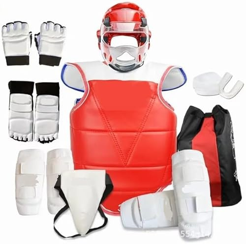 Taekwondo Skyddande dräkt för vuxna och barn, tävling, kampsportsset, säkerhetsvakt, benutrustning, set med huvud, munhandskar, kombinerade sportskydd, barn (röd, 130–150 cm)