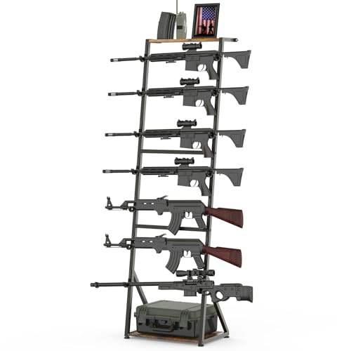 Poyilooo Gun Racks, Indoor Gun Rack for Wall Mount Holds up 7 Guns, Floor Standing Rifle Racks Gun Display Stand for Hunting Rifle Airsoft Gun Holder, Black