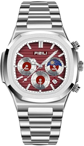 OXFANITE Men's Fashion Watch Stainless Steel Business Quartz Watches Luxury Waterproof Luminous Analog Display with Date Chronograph Multifunctional Watch Silver Red