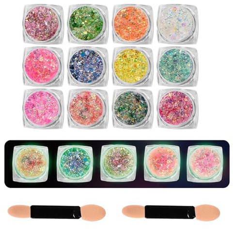 Festival glitter ansikte 12 färger paljetter gel fluorescerande chunky paljett ansikte kropp glitterpulver festival tillbehör pryl kropp glitter för gör-det-själv naglar, karneval karneval halloween