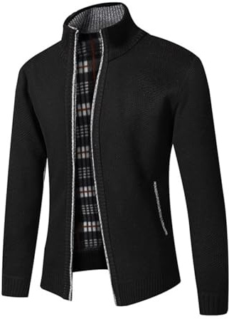 Hombre Otoño-Invierno Casual-Moda Punto Cárdigan-Suéter - con Completa Cremallera y Bolsillo,Manga Larga,Clásico,Cálido Suéter Grueso,Suave,con Forro Polar, Jersey Chaqueta Hombre Negro XL