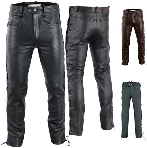 Radmasters Herren Lederhose lederjeans bikerjeans Jeans Hose aus Echtleder seitlich geschnürt (DE/NL/SE/PL, Numerisch, 58, Regular, Regular, Schwarz)