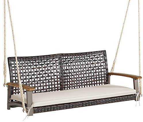 COSTWAY Banco Columpio de Exterior Con 2 Asientos, Ratán PE, Respaldo Curvado y Reposabrazos de Madera de Acacia, Carga 360 kg, Pórtico Veranda Patio Jardín (Con Cojín Blanco)