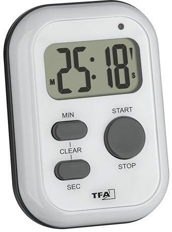 TFA Dostmann Digital timer med stoppur, 38.2053.02, larmljud (ljud)/vibration/blinkande ljus, kökstimer, äggklocka, lämplig för sport eller tester eller hörlös, på/av-brytare, vit