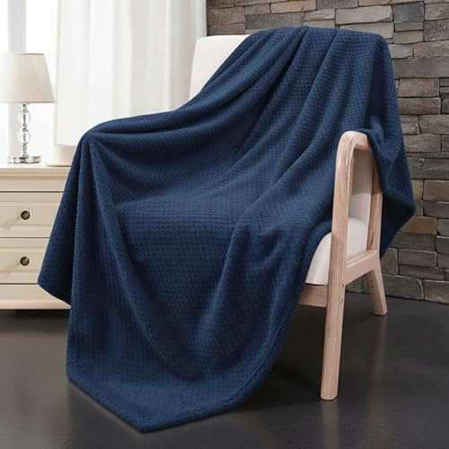 Dolce Vari Premium Waffle Whisper Fleece Throw Blankets Honeycomb Super Soft Warm Cozy Over Sofa Bed Throw Blanket (Navy, Single)