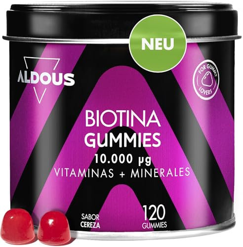 Biotin 10.000 mcg - 120 Gummibärchen - Kirschgeschmack - Haargummis - Folsäure, Zink, Selen, Jod + Vitamine -Biotin für Haare - Haare Haut & Nägel Vitamine - Multivitamine - ALDOUS