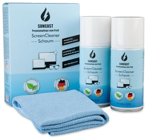 SUNCAST Schaum 2 x 150ml Screen Cleaner Set inkl. Mikrofasertuch | Premiumpflege vom Profi | streifenfreier und rückstandsfreier Bildschirmreiniger | Handy, Laptop, PC, Tablet, Display, Brille