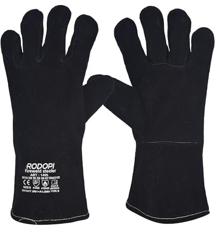 RODOPI FIREWELD-Steeler - Guanti da lavoro foderati in pelle bovina nera, taglia 8-11, EN 12477 tipo A, EN 388, EN 407, resistenti al calore, resistenti all'usura