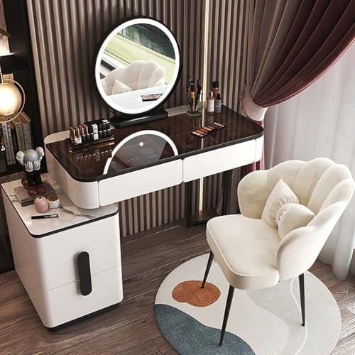 LGYWPA Sminkbord för sovrum med stol, sminkbord med upplyst spegel och lampor, 3-färgs LED-lampor, sminkbord med 3-4 stora lådor, glasskiva litet toalettbord,Black,100cm