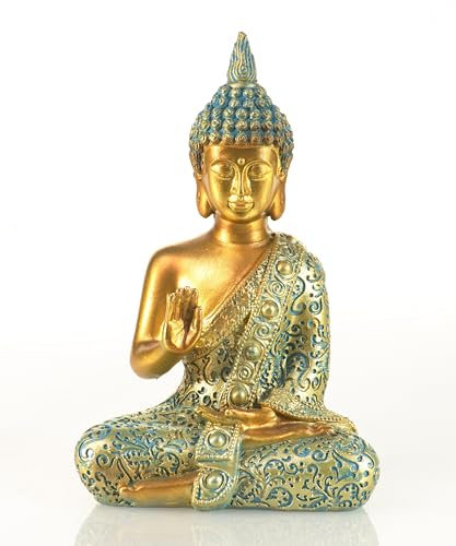 Schneemann-Versand Buddha Figur Gold & Mint (15 cm) – Spirituelle Deko-Statue aus Kunststein für Meditation, Yoga & Achtsamkeit