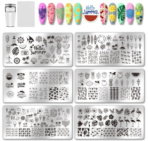 PH PandaHall Kit de Plaques D'Estampage pour Ongles 6pcs Pochoir de Nail Art Motif Plage et Océan Modèle D'Art Impression en Acier Inoxydable avec Tampon en Silicone pour Manucure Salon de Femmes