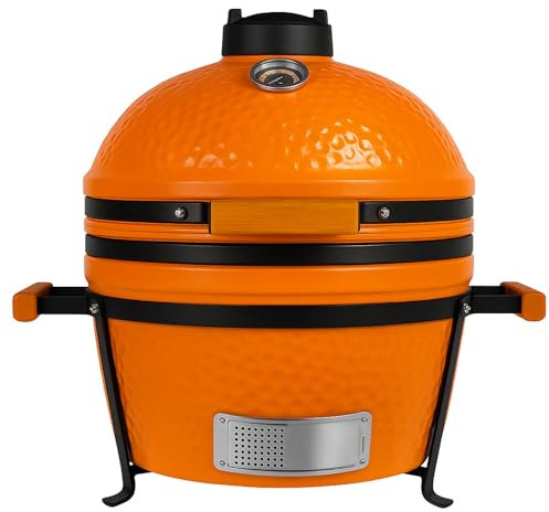Barbecue Kamado Grill japonais en Céramique - Ø40 cm - Charbon de Bois - Thermomètre Intégré - Poignée en Bois - Couleur Orange Premium - Idéal Jardin, Terrasse, Camping