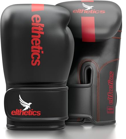 Elthetics Boxing Gloves, Training Sparring Gloves, Synthetic Leather, Muay Thai MMA Kickboxing, Men Women Kids, Punching Bag Mitts Workout, Ventilated Palm, Multi Layered (Black, 8oz)