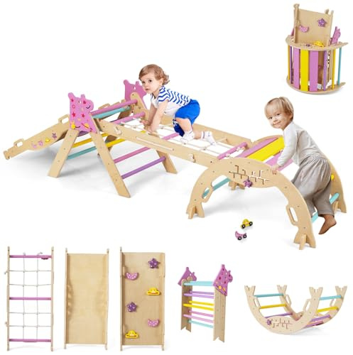 DREAMADE 9 en 1 Triangle Arche d'escalade Montessori en Bois Hêtre, Jeux d'escalade Pliable pour Enfants, Parcours Motricité Bébé, Charge Max. 50kg (Macaron)