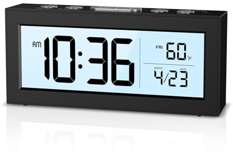 Temracha Orologio digitale a batteria, piccola sveglia da viaggio con data di temperatura, luce nera, snooze, orologio digitale alimentato a batteria per camera da letto, ufficio, viaggi (batterie
