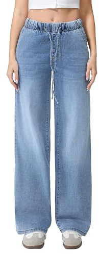 vittorio y Jeans Donna Vita Elasticizzata con Coulisse Gamba Larga Denim Lavaggio Chiaro Casual Morbidi Tempo Libero (IT, Testo, S, Regular, Regular, Blu)